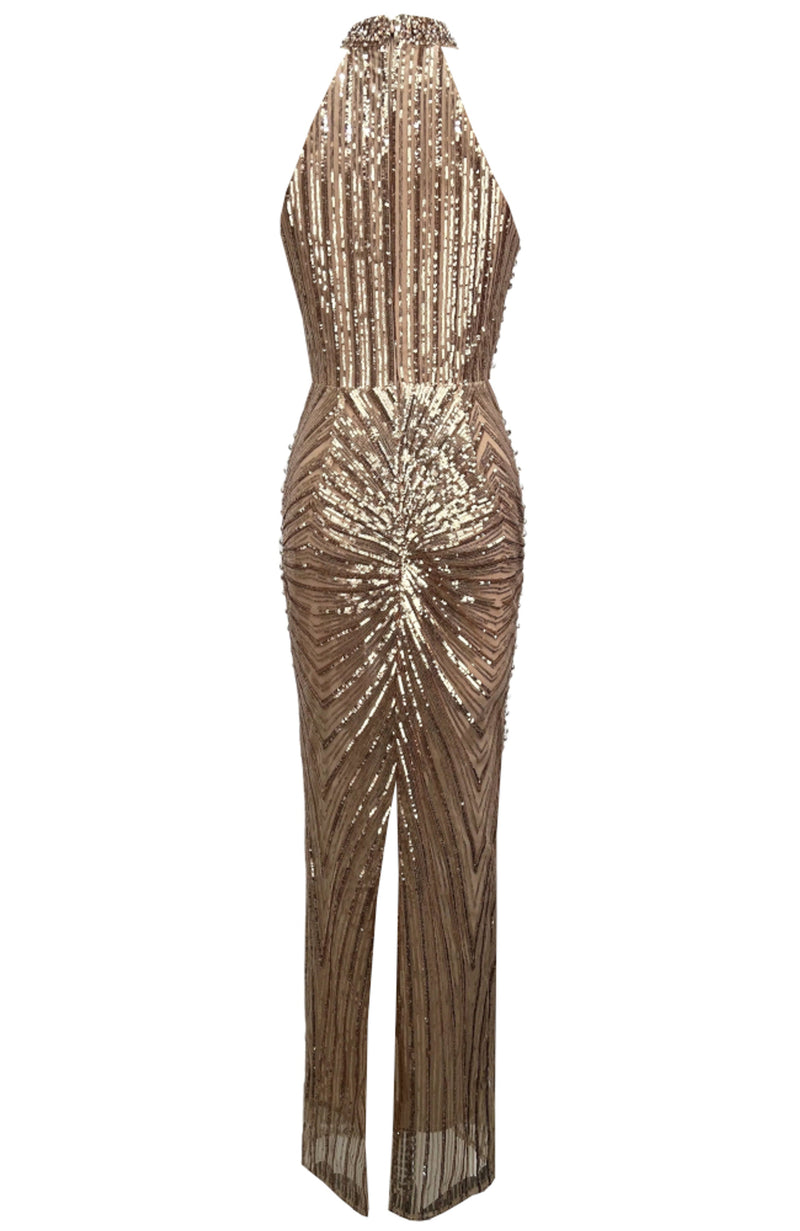 Ogima Halter Crystal Sequin Maxi Dress In Gold