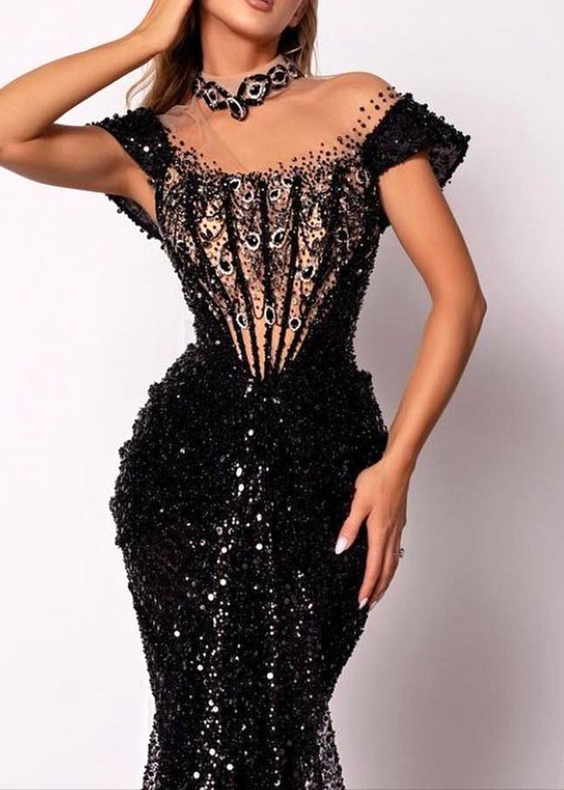 Kaldrex Short Sleeve Sequin Structured Maxi Dress In Black