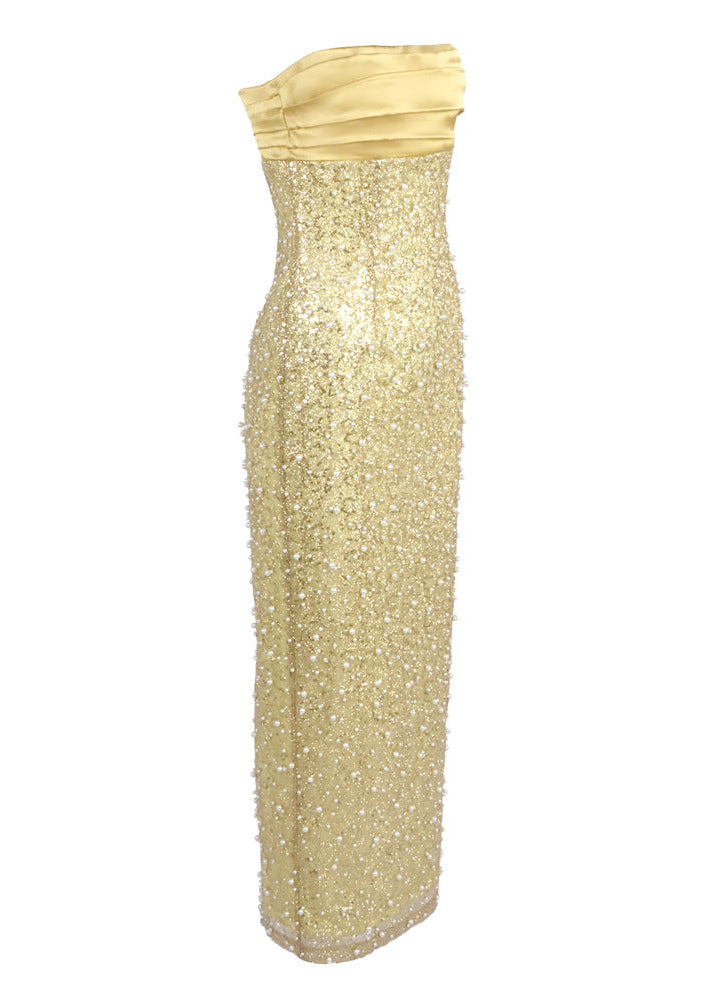 Larisa Satin Sequin Pearls Beaded Maxi Dress In Gold