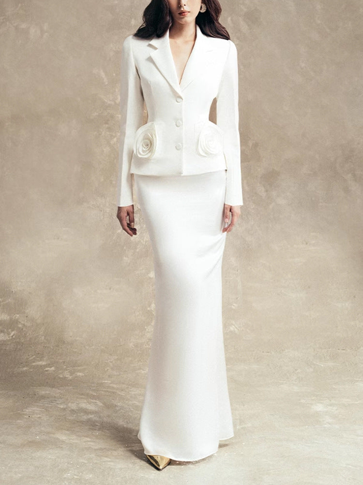 Qwerty Flower Embellished Jacket Skirt Set In White