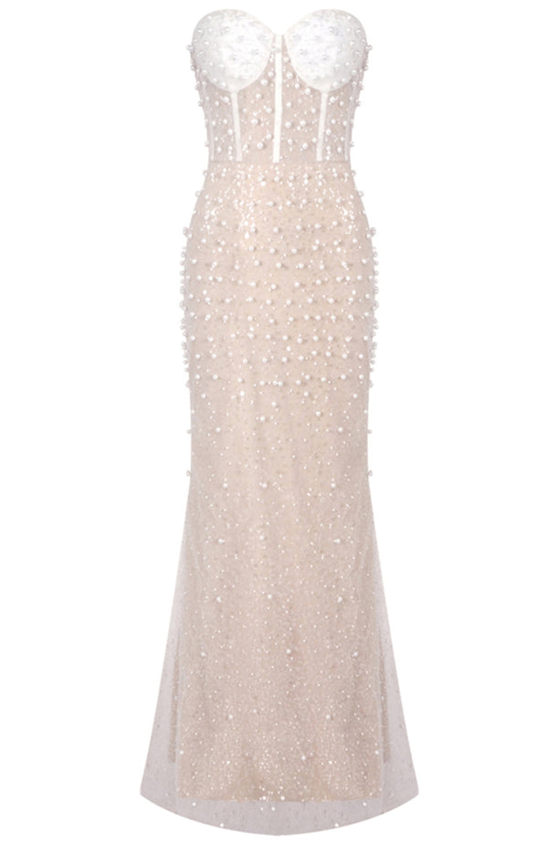 Pagan Strapless Pearl Sequin Corset Maxi Dress In Nude