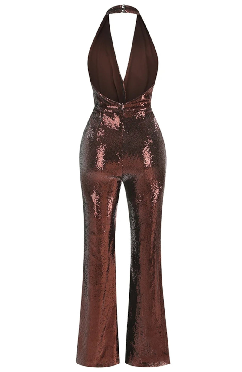 Lizbeth Halter Draped Sequin Jumpsuit In Brown
