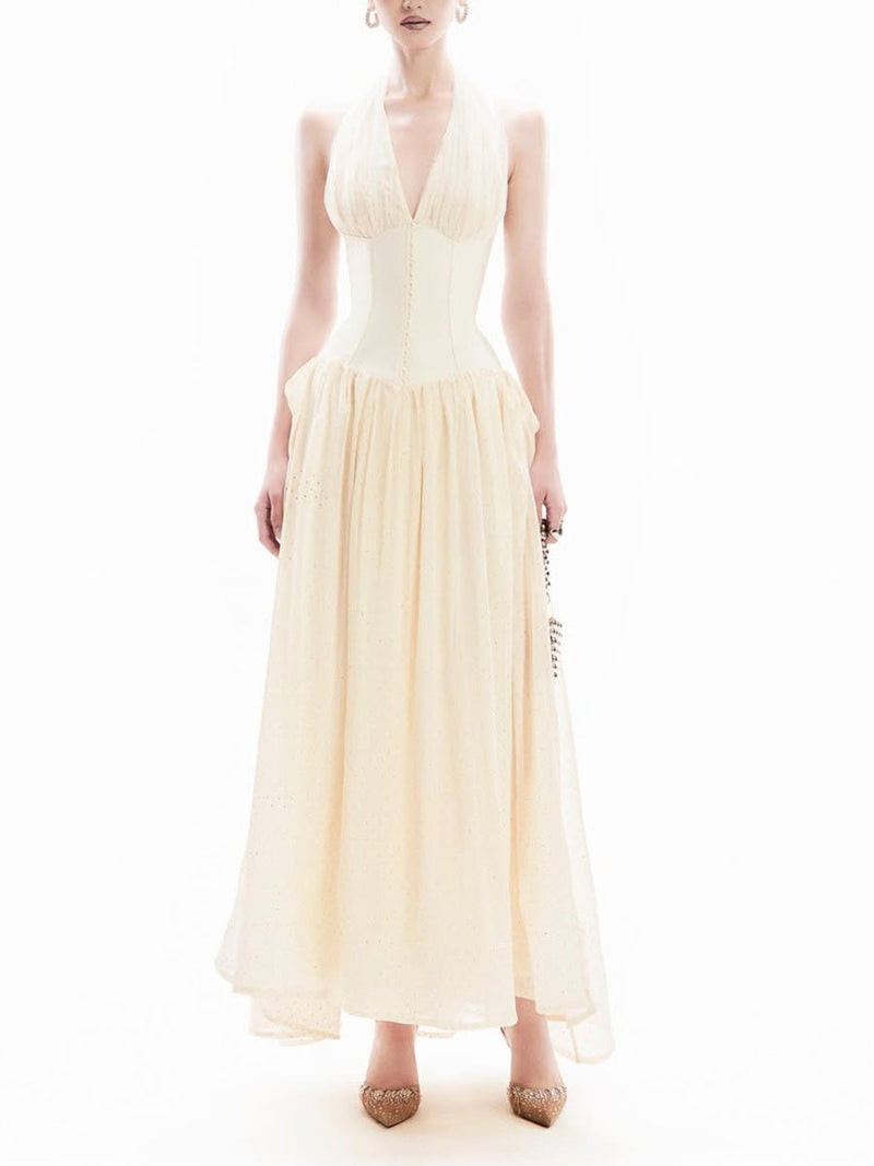 Terrell Halterneck Tulle Overlay Maxi Dress In Apricot