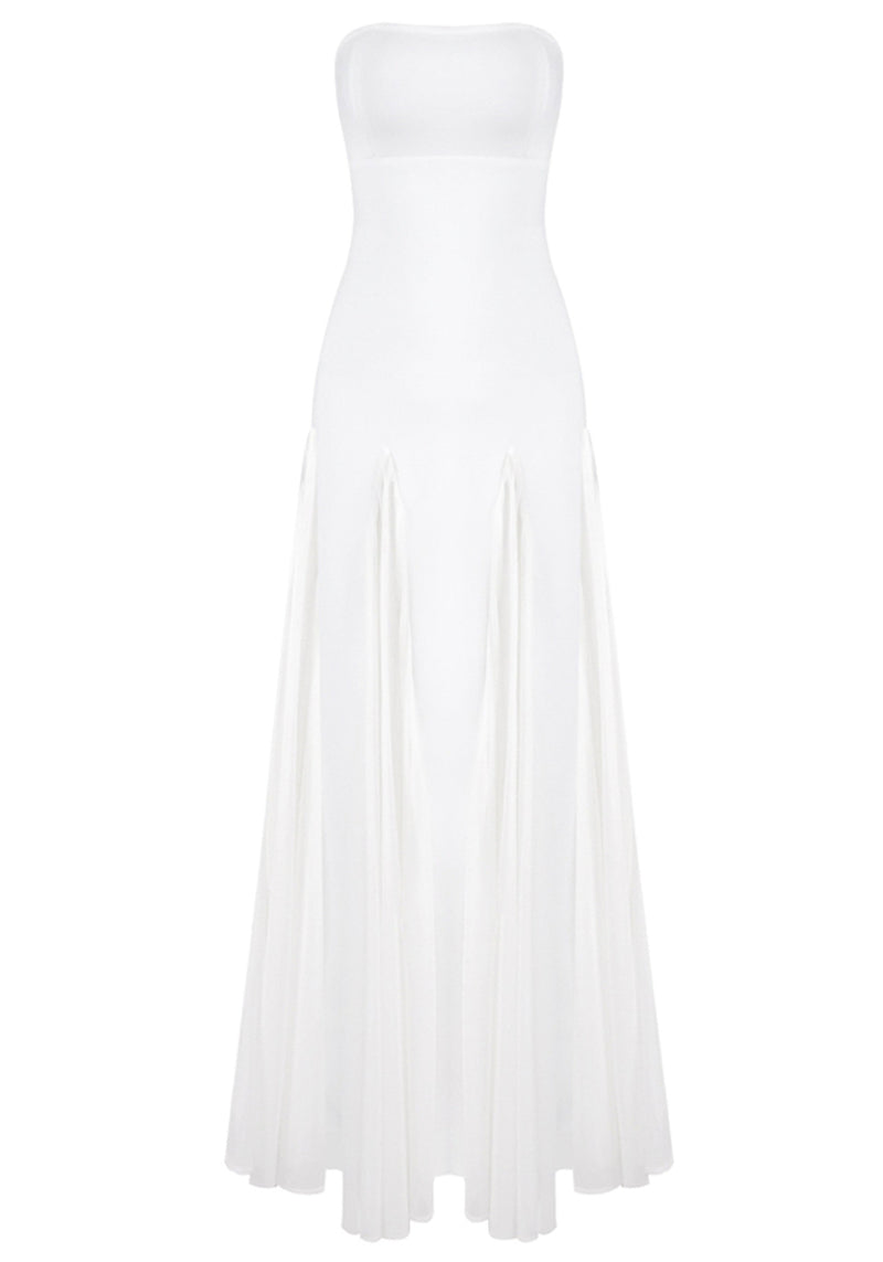 Leaundra Strapless Mesh Insert A Line Maxi Dress In White