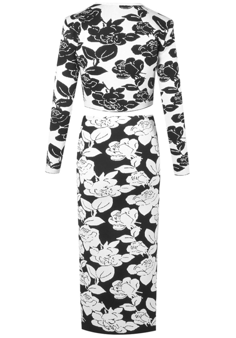 Akim Long Sleeve Floral Two Piece Midi Dress In Black White