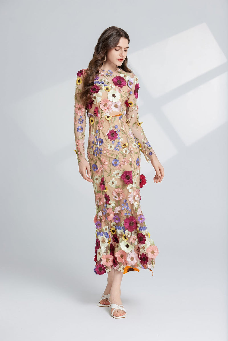 Thalvix Floral Embroidery Mesh Long Sleeve Midi Dress In Apricot