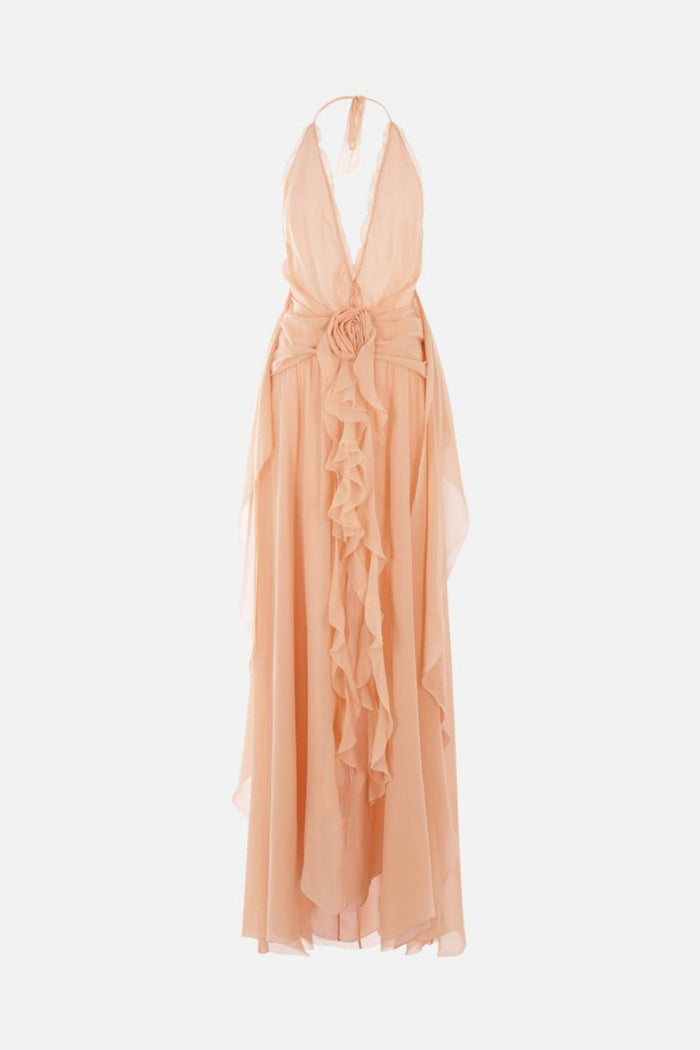 Cyvrix Floral Ruffle Halter Maxi Dress In Pink