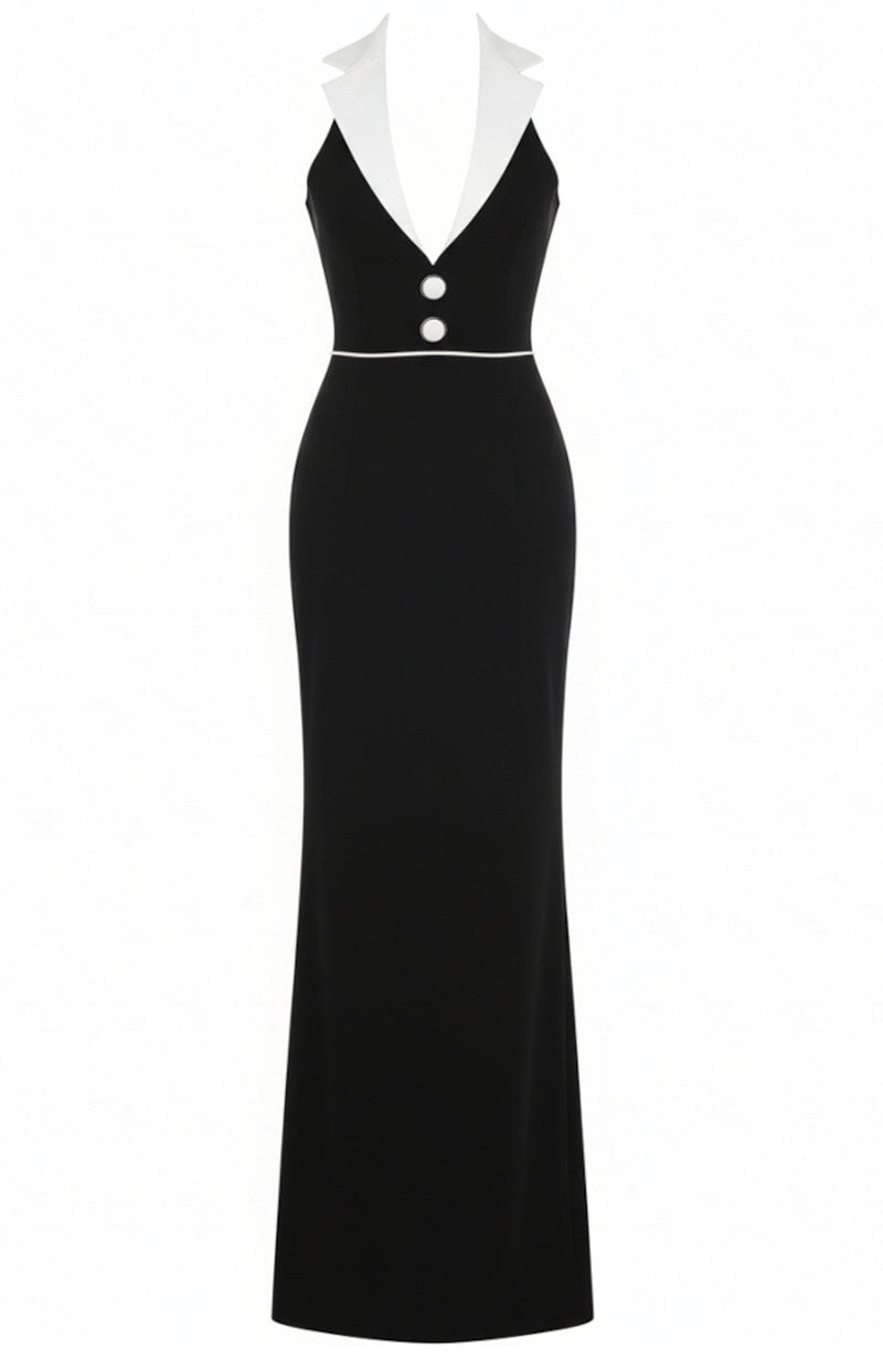 Reyra Halter Lapel Collar Maxi Dress In Black White
