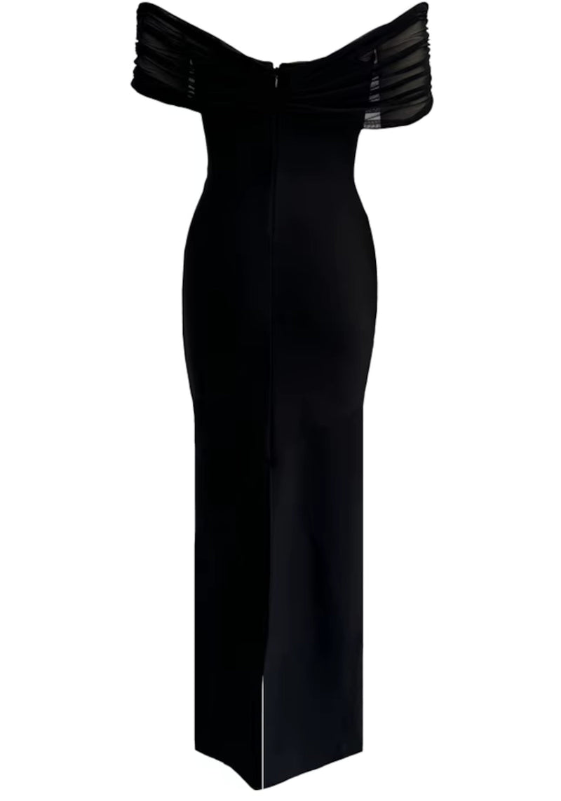 Thalyss Draped Bardot Crystal Maxi Dress In Black