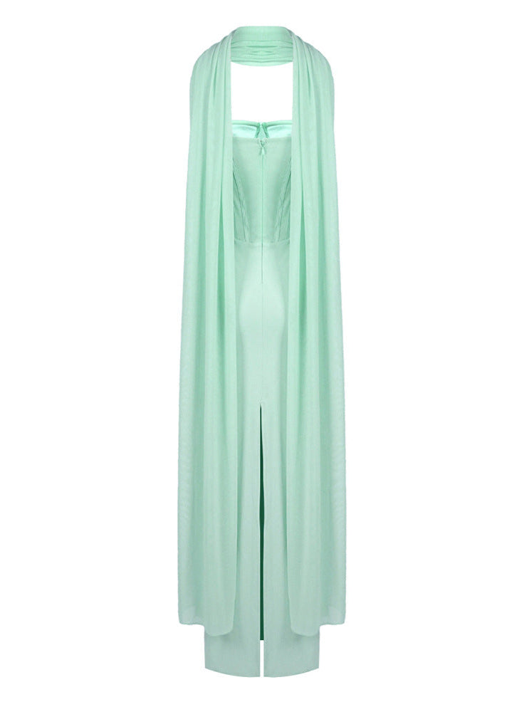 Saelvyn Halter Mesh Maxi Dress In Light Green