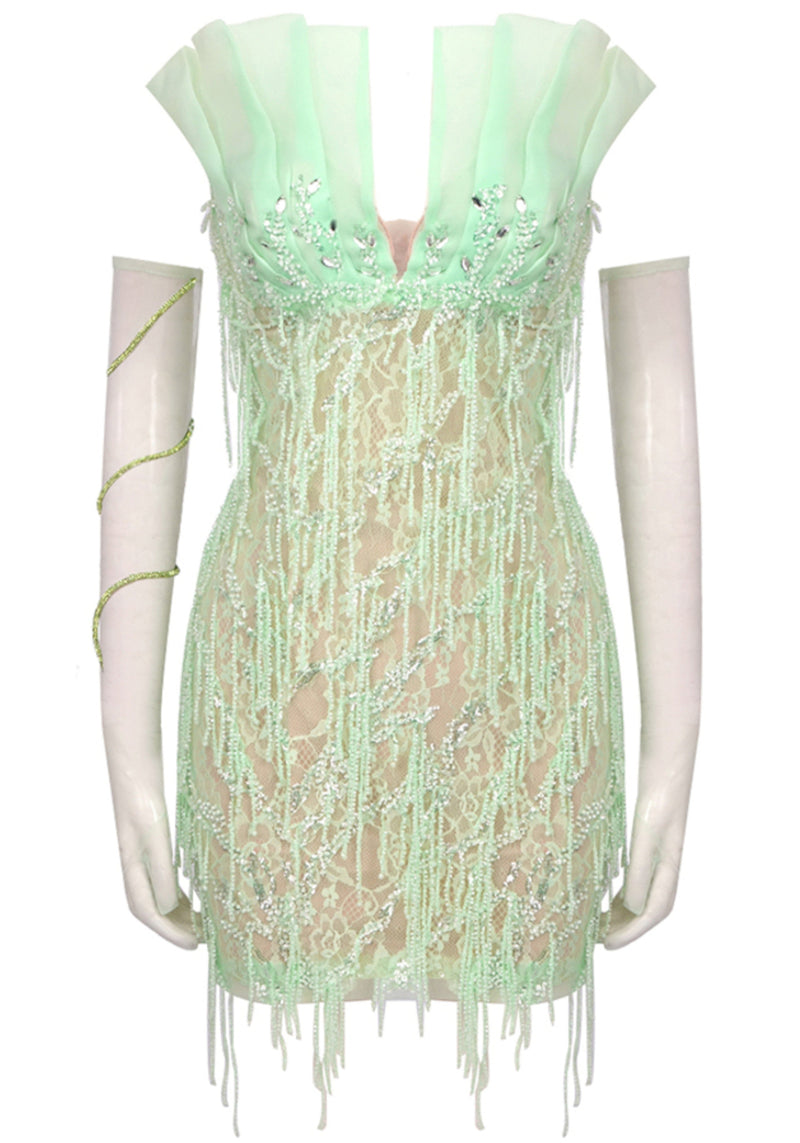 Gryssa Strapless Crystal Sequin Tassel Dress In Green
