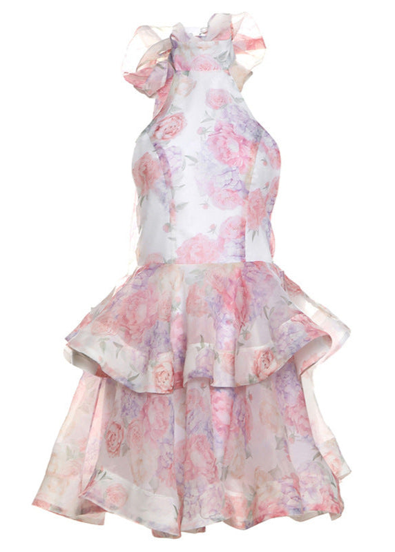 Panola Backless Flower Printed Bow Mini Dress In Pink