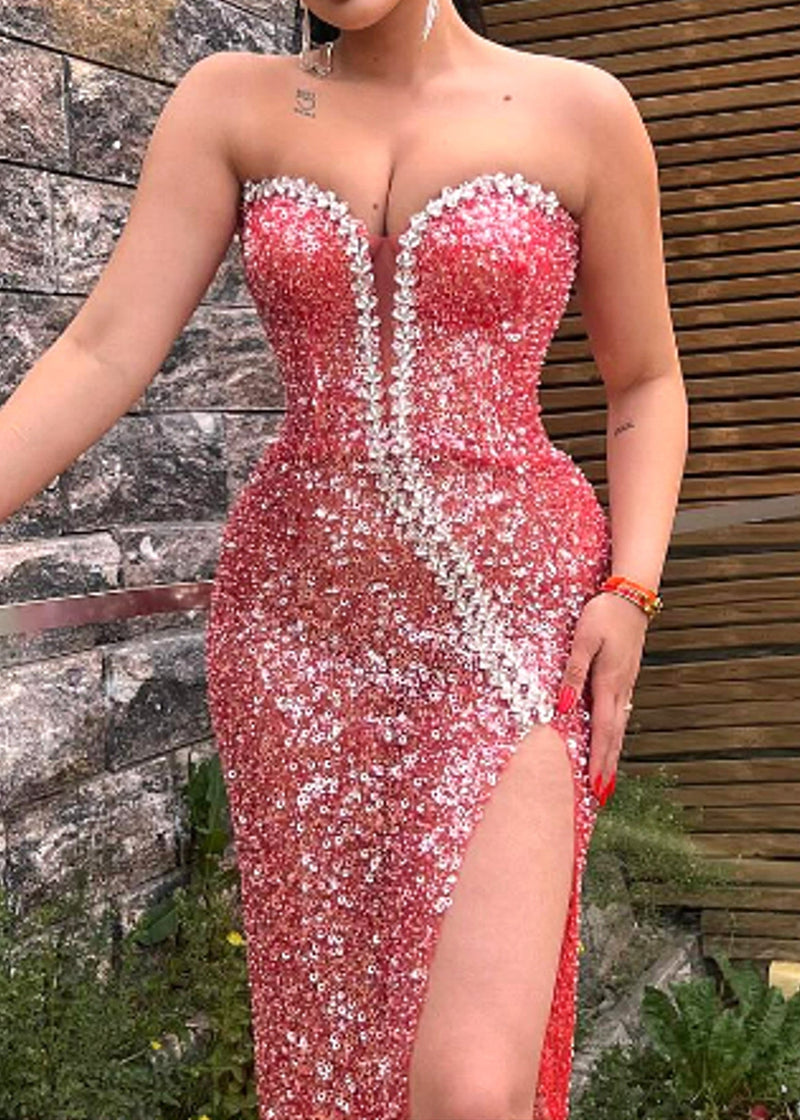 Azhor Strapless Crystal Sequin Maxi Dress In Watermelon