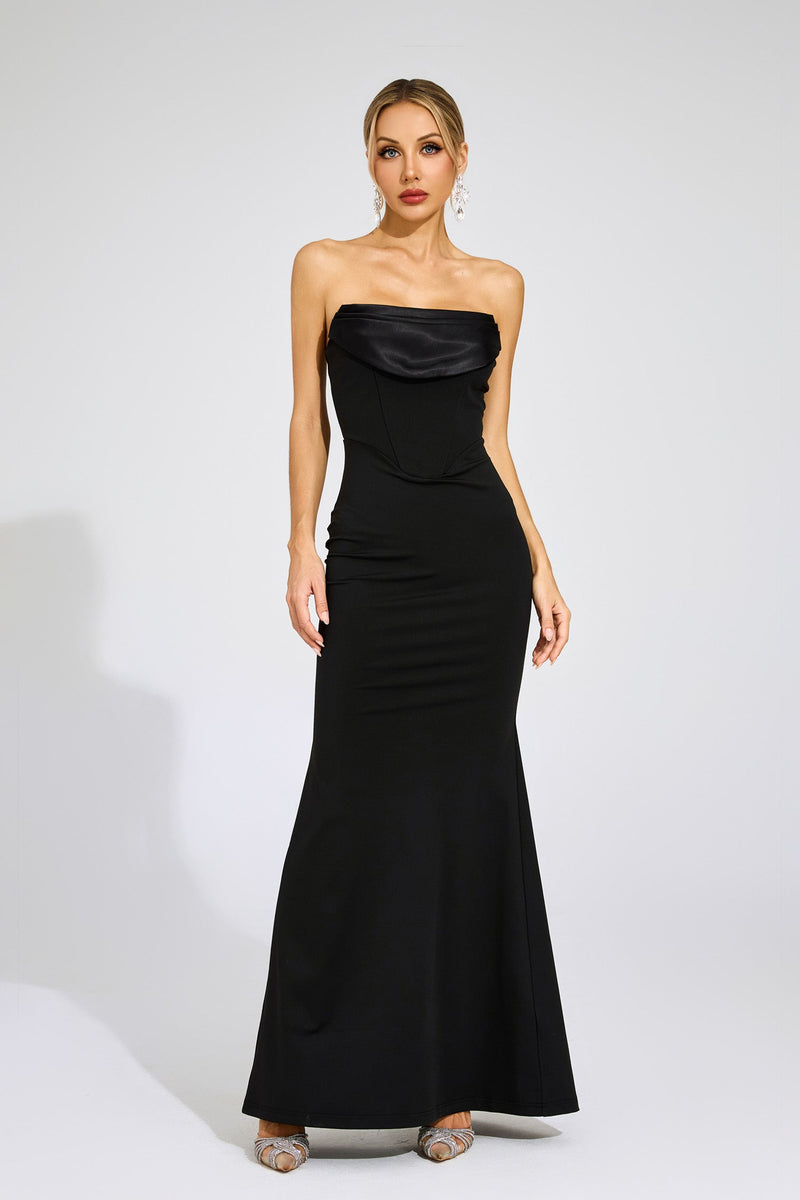 Radka Long Sleeve Strapless Draped Maxi Dress In Black