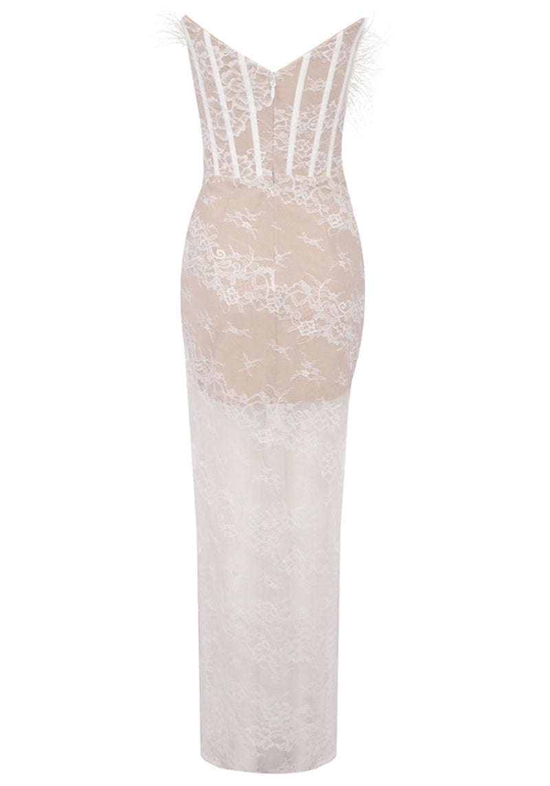 Caysie Strapless Feather Lace Corset Maxi Dress In White
