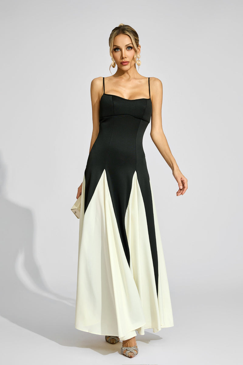 Clotilde Contrast Color Suspender Maxi Dress In Black