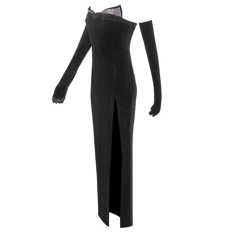 Marne Strapless Embellished Maxi Velvet Dress In Black