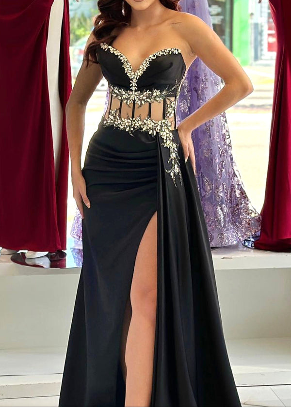 Eliette Strapless Crystal Floral Corset Maxi Velvet Dress In Black