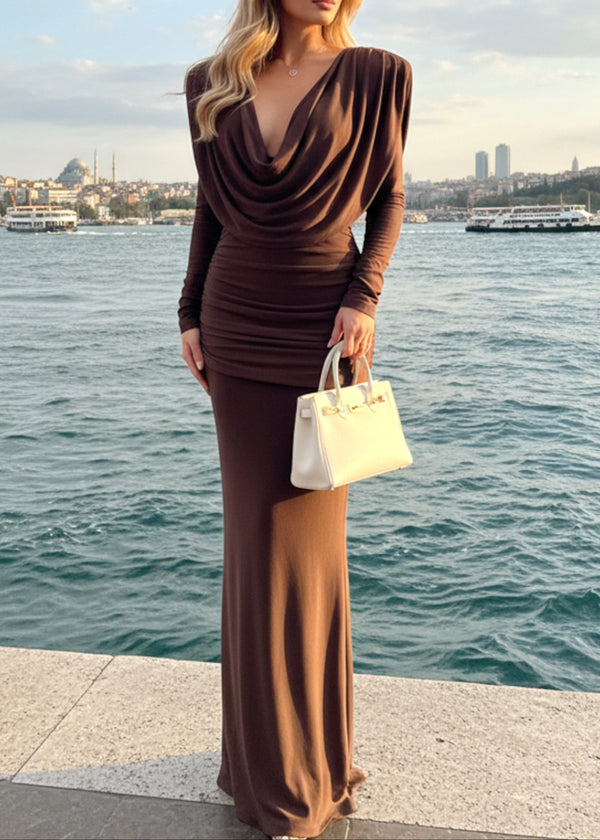 Sagebrush Long Sleeve Draped Backless Maxi Dress In Brown