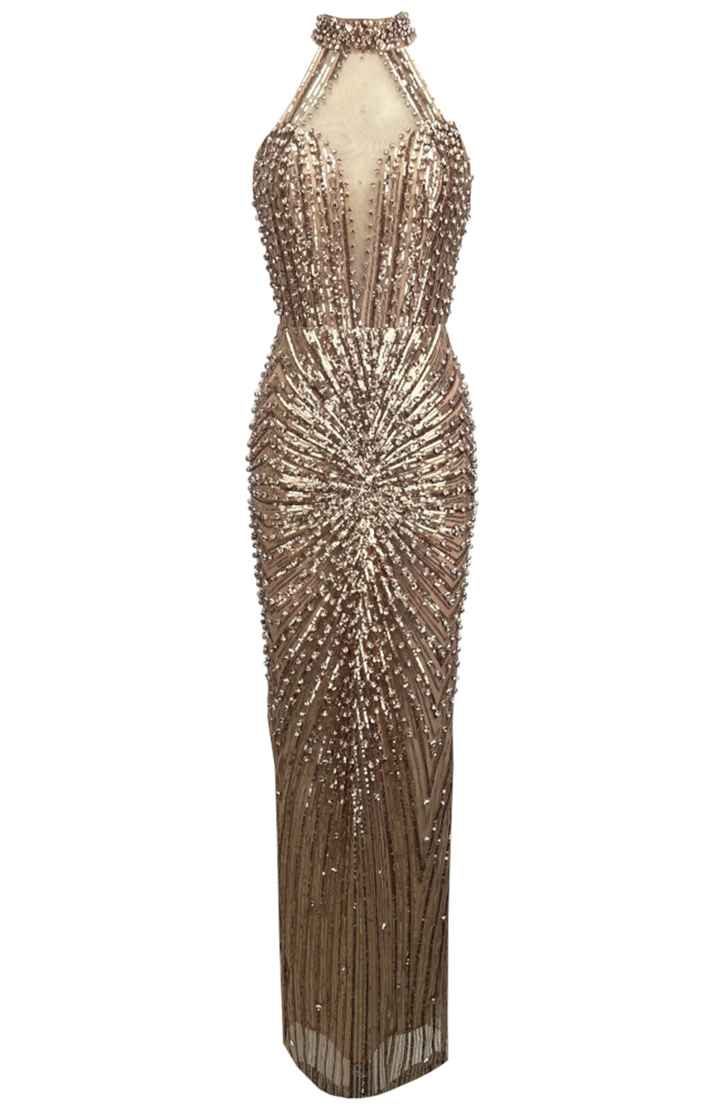 Ogima Halter Crystal Sequin Maxi Dress In Gold