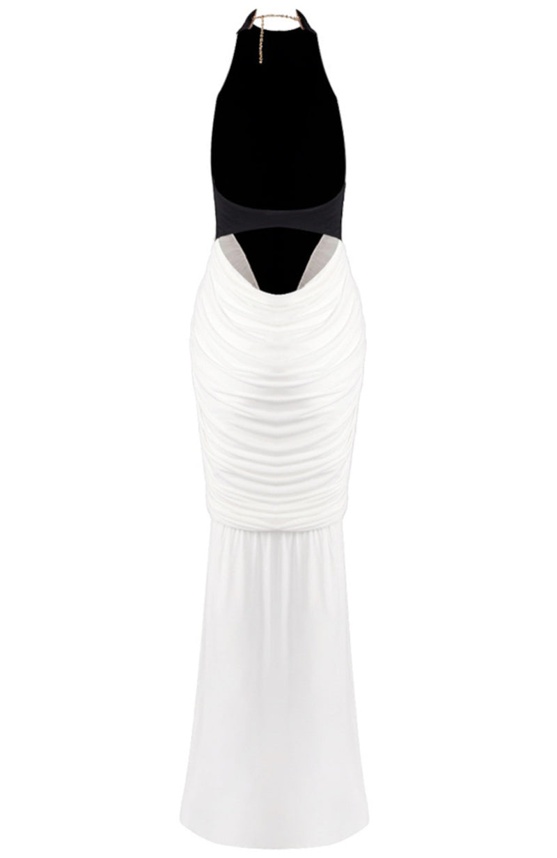 Gaelion Halter Draped Detail Maxi Dress In Black White