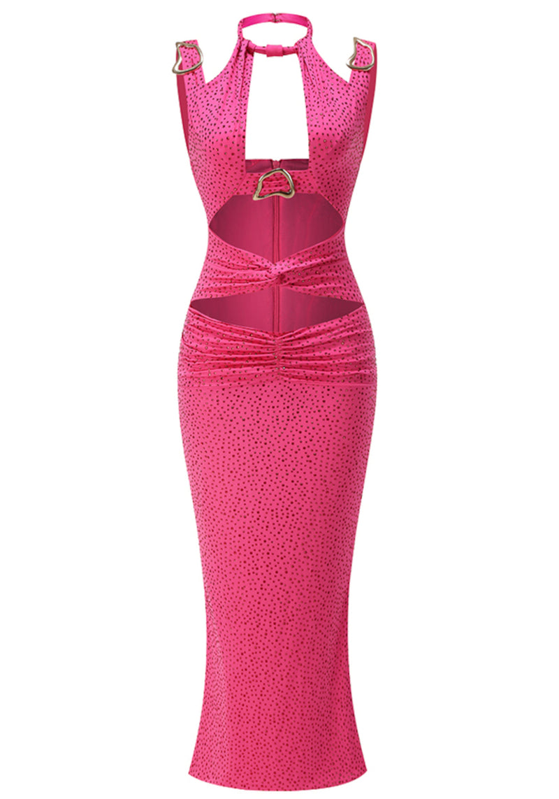 Amoura Halter Crystal Glow Gown – Hot Pink