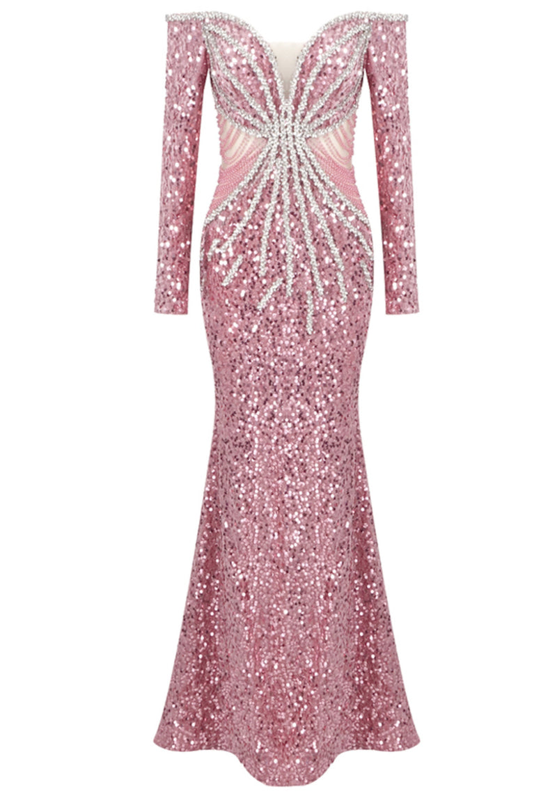 Arlyn Long Sleeve Bardot Crystal Sequin Maxi Dress In Pink