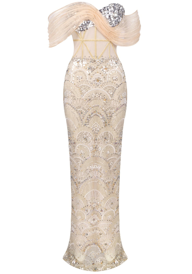 Rhenja Bardot Sequin Bustier Maxi Dress In Peach