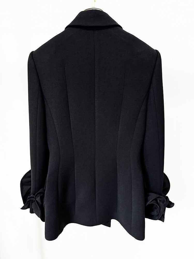 Pomeline Double-Breasted Wool Jacket With Floral Appliqué In Black