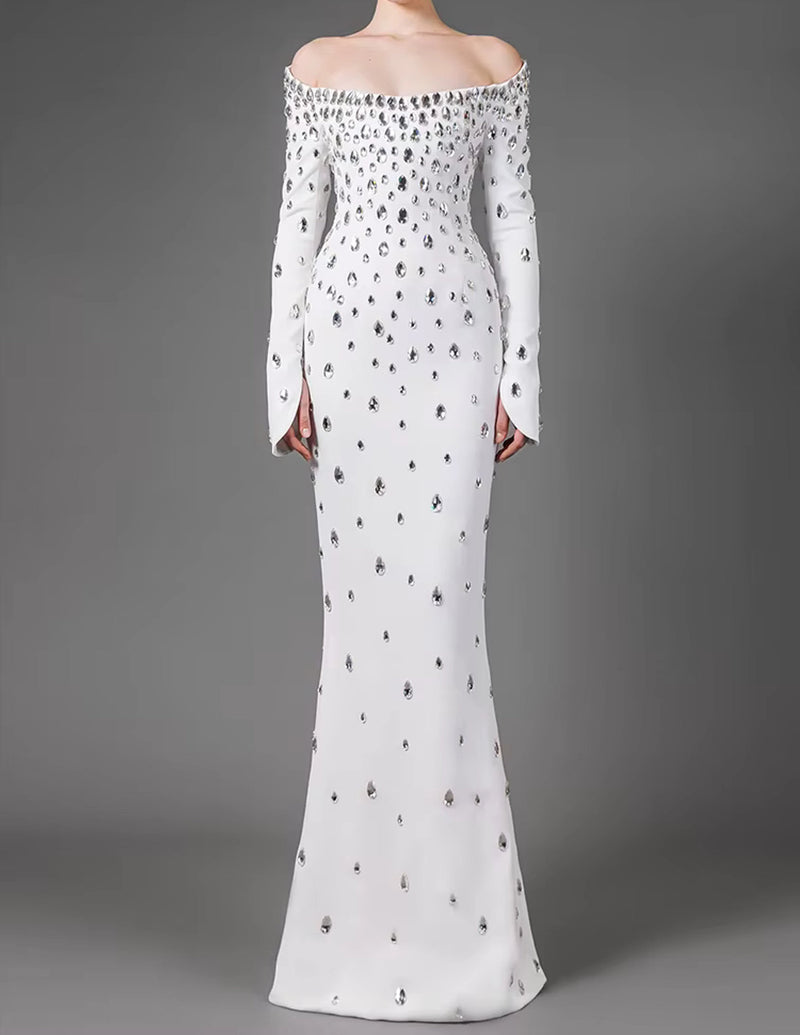 Bethel Long Sleeve Crystal A Line Maxi Dress In White