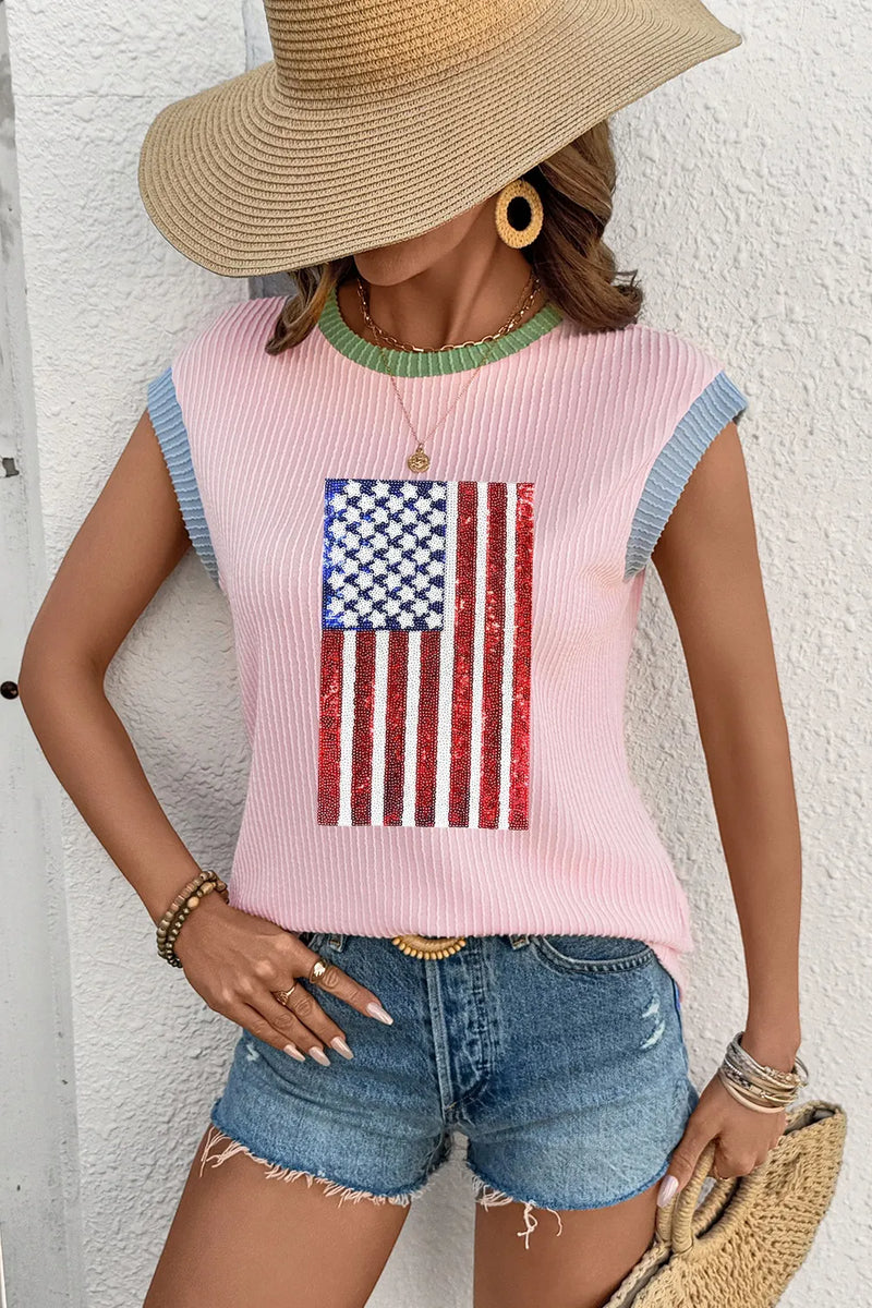 Colorblock Edge Twisted Rib Texture Sequin American Flag Casual T Shirt