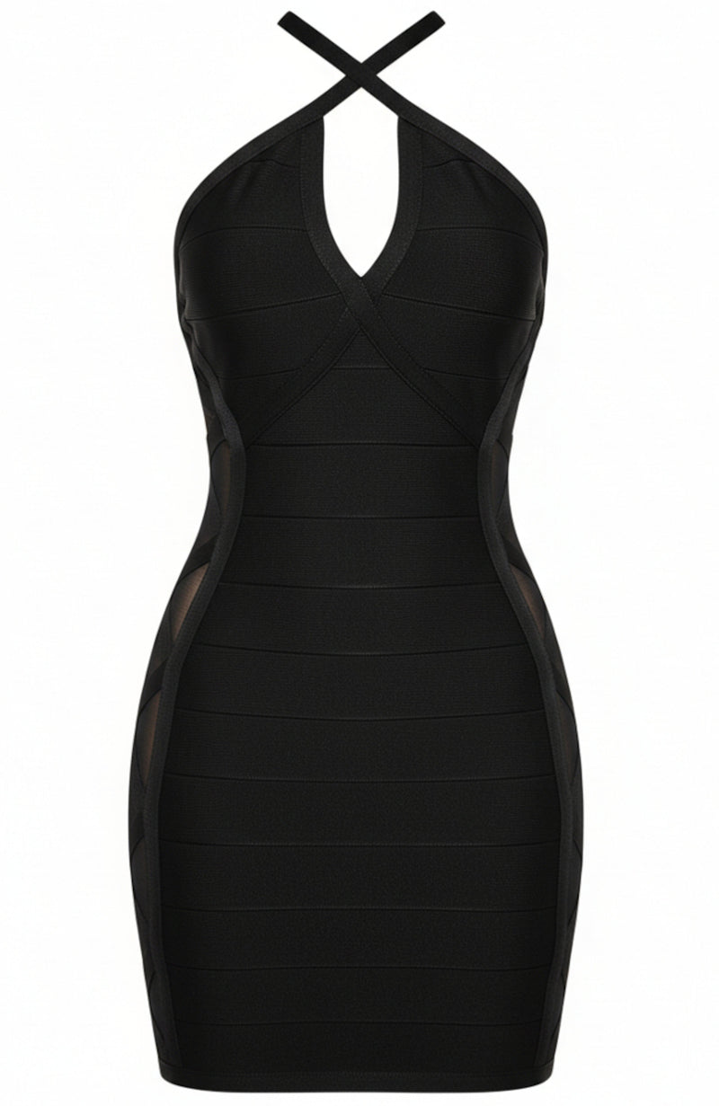 Ryria Halter Mesh Insert Mini Dress In Black