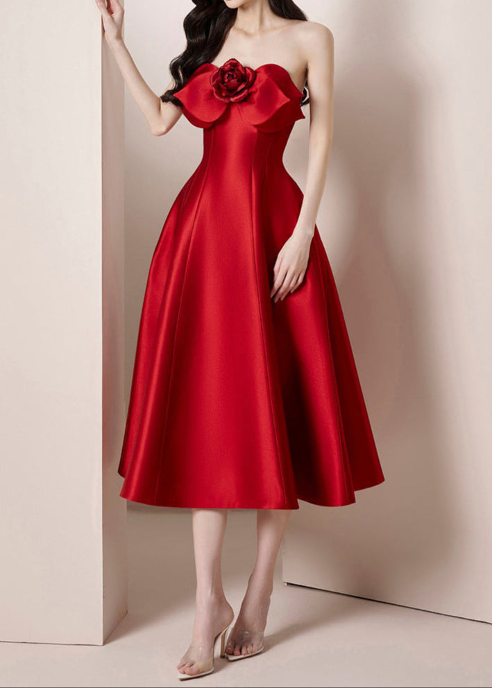 Valphyx Flower Satin Strapless Midi Dress In Red