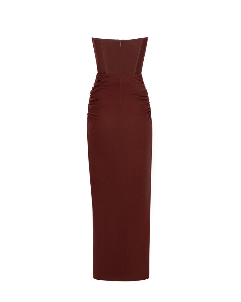 Tafari Strapless Ruched Maxi Dress In Brown