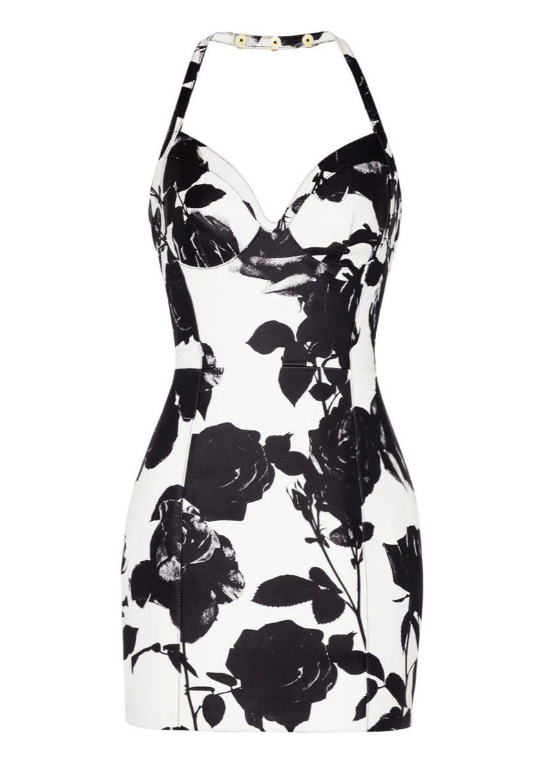 Siesen Two-Tone Floral-Print Leather Mini Dress