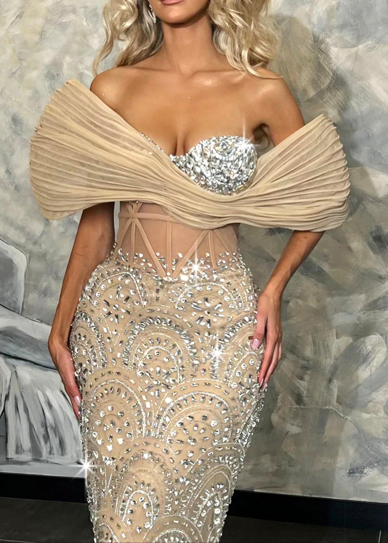 Rhenja Bardot Sequin Bustier Maxi Dress In Peach