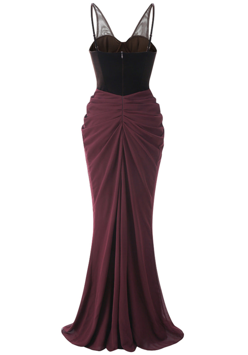 Cazmir Velvet Bustier Draped Maxi Dress In Brown