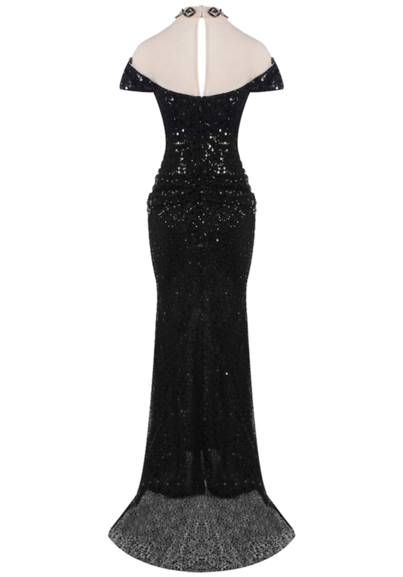 Kaldrex Short Sleeve Sequin Structured Maxi Dress In Black