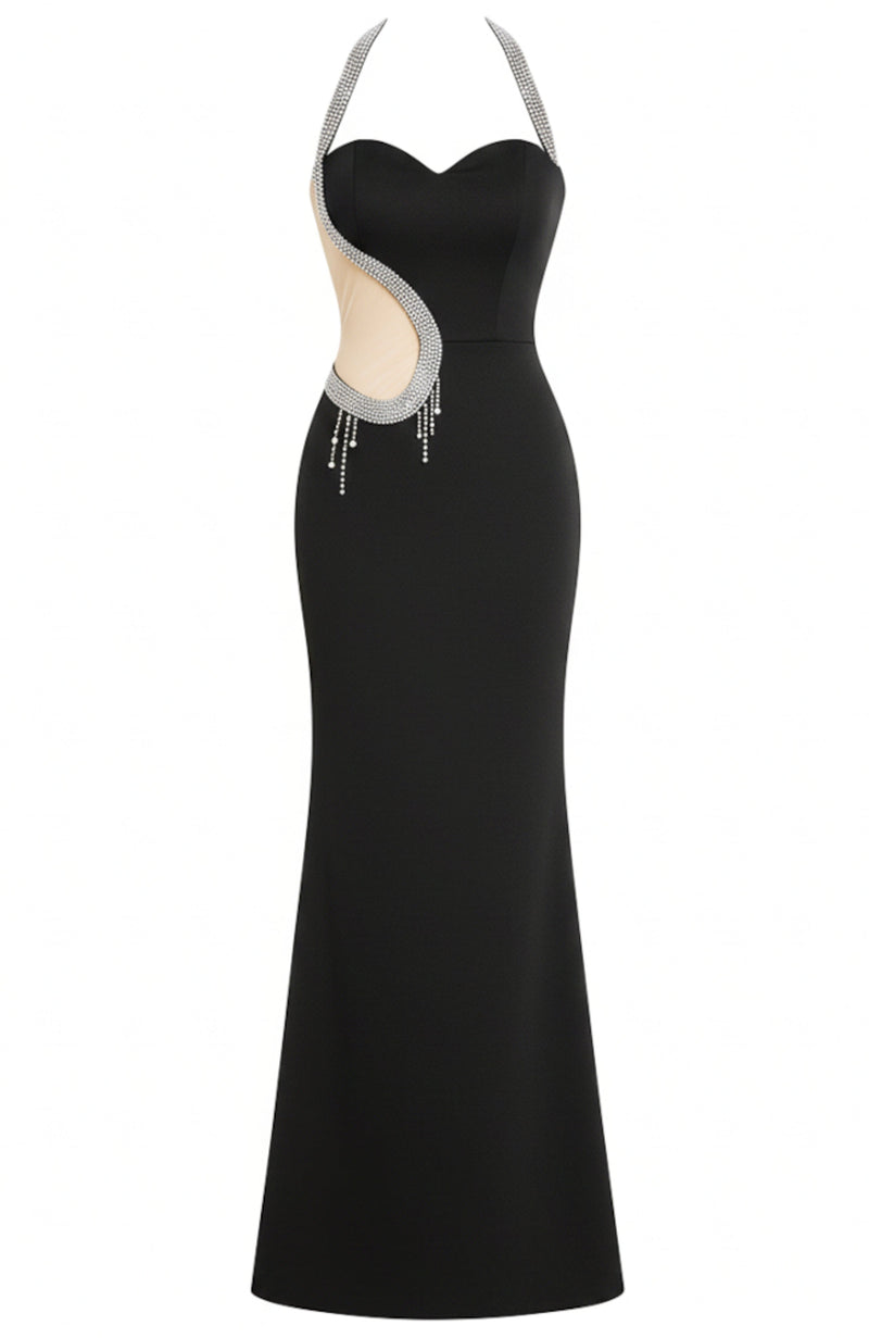 Nyrax Halter Crystal Mesh Insert Maxi Dress In Black