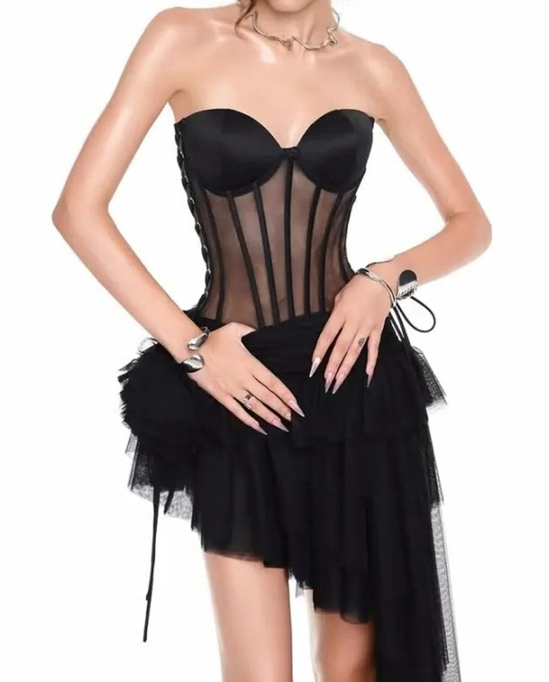 Olthrion Strapless Corset Ruffle Two Piece Dress In Black