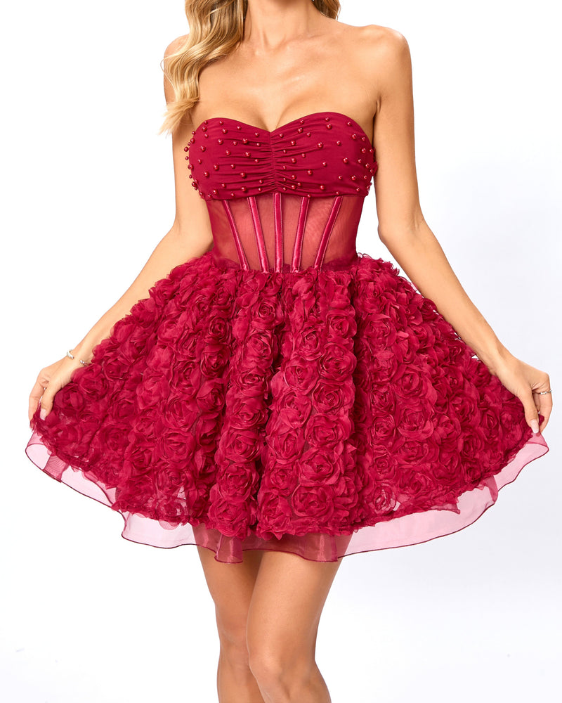 Osorio Strapless Floral Corset A Line Mini Dress In Red