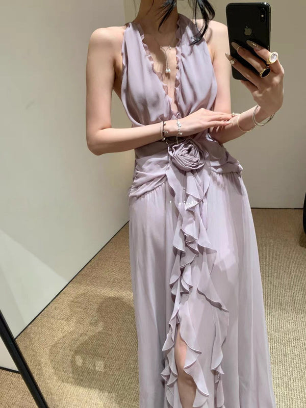 Cyvrix Floral Ruffle Halter Maxi Dress In Purple