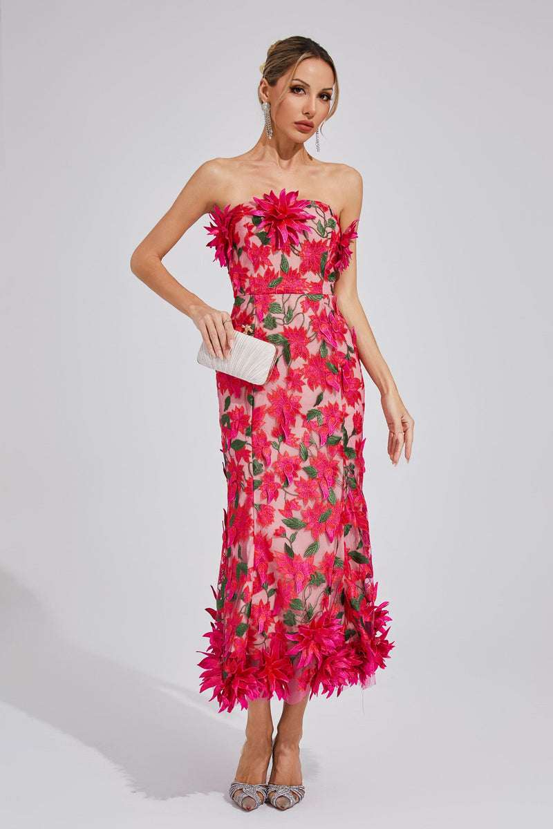 Chasity 3D Flower Embroidery Strapless Midi Dress In Rose Red