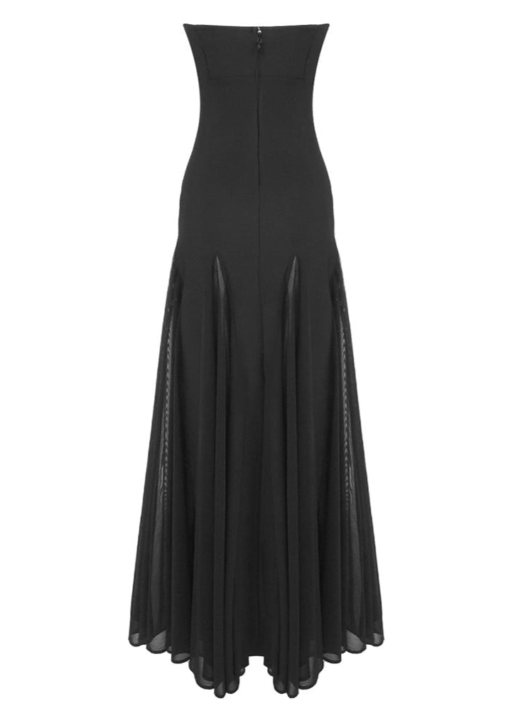 Leaundra Strapless Mesh Insert A Line Maxi Dress In Black