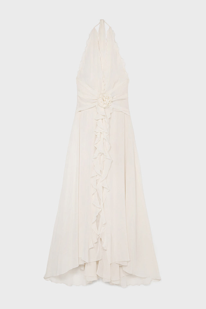 Cyvrix Floral Ruffle Halter Maxi Dress In White