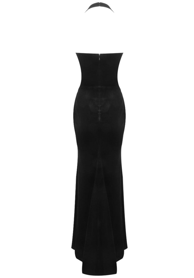 Afanen Sequin Floral Corset Maxi Velvet Dress In Black