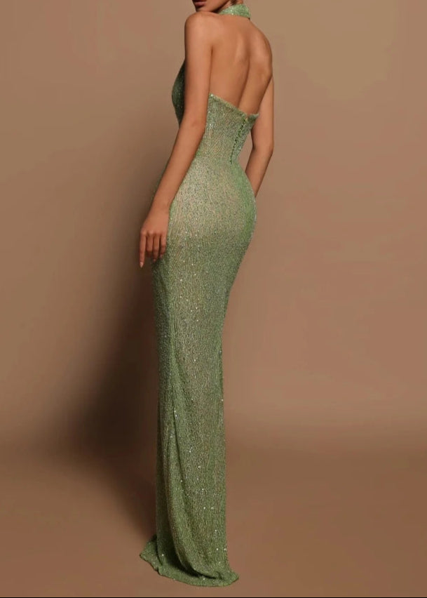 Barron Halter Sequin Embellished Maxi Dress In Green