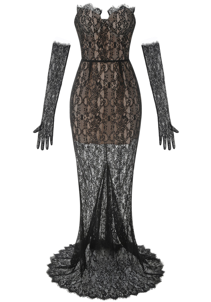 Aevren Strapless Lace Bustier Corset Maxi Dress In Black