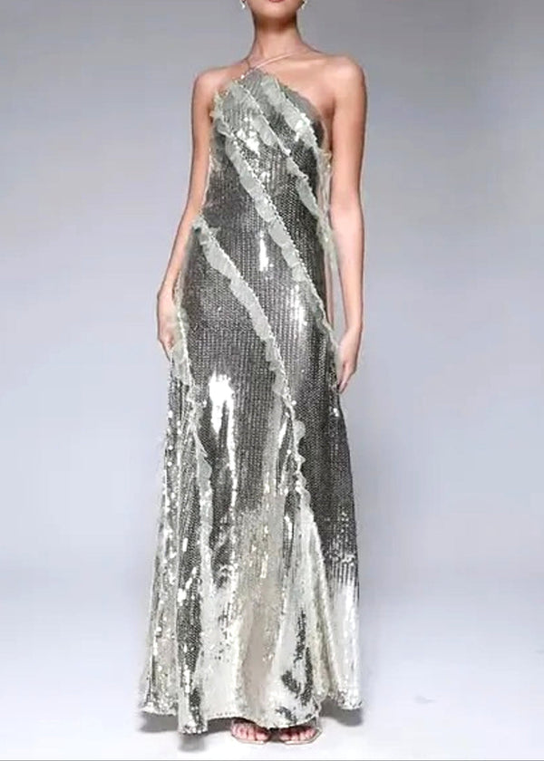 Pandeia Halter Ruffle Detail Sequin Maxi Dress In Silver
