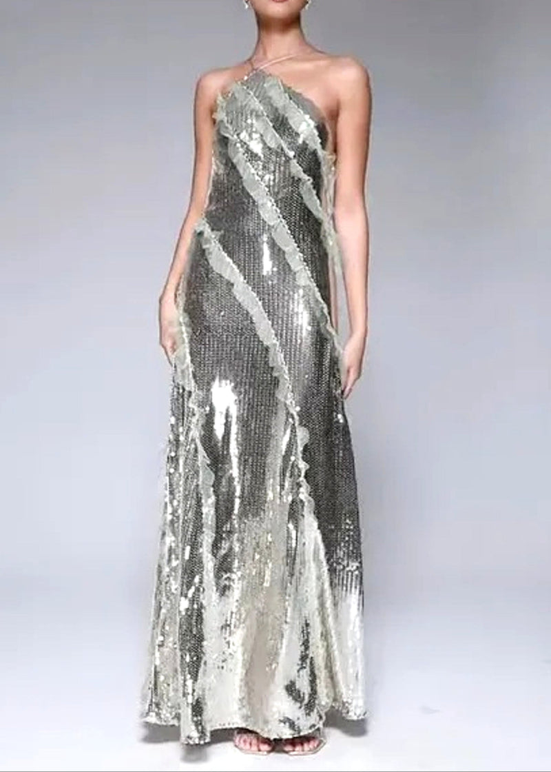 Pandeia Halter Ruffle Detail Sequin Maxi Dress In Silver